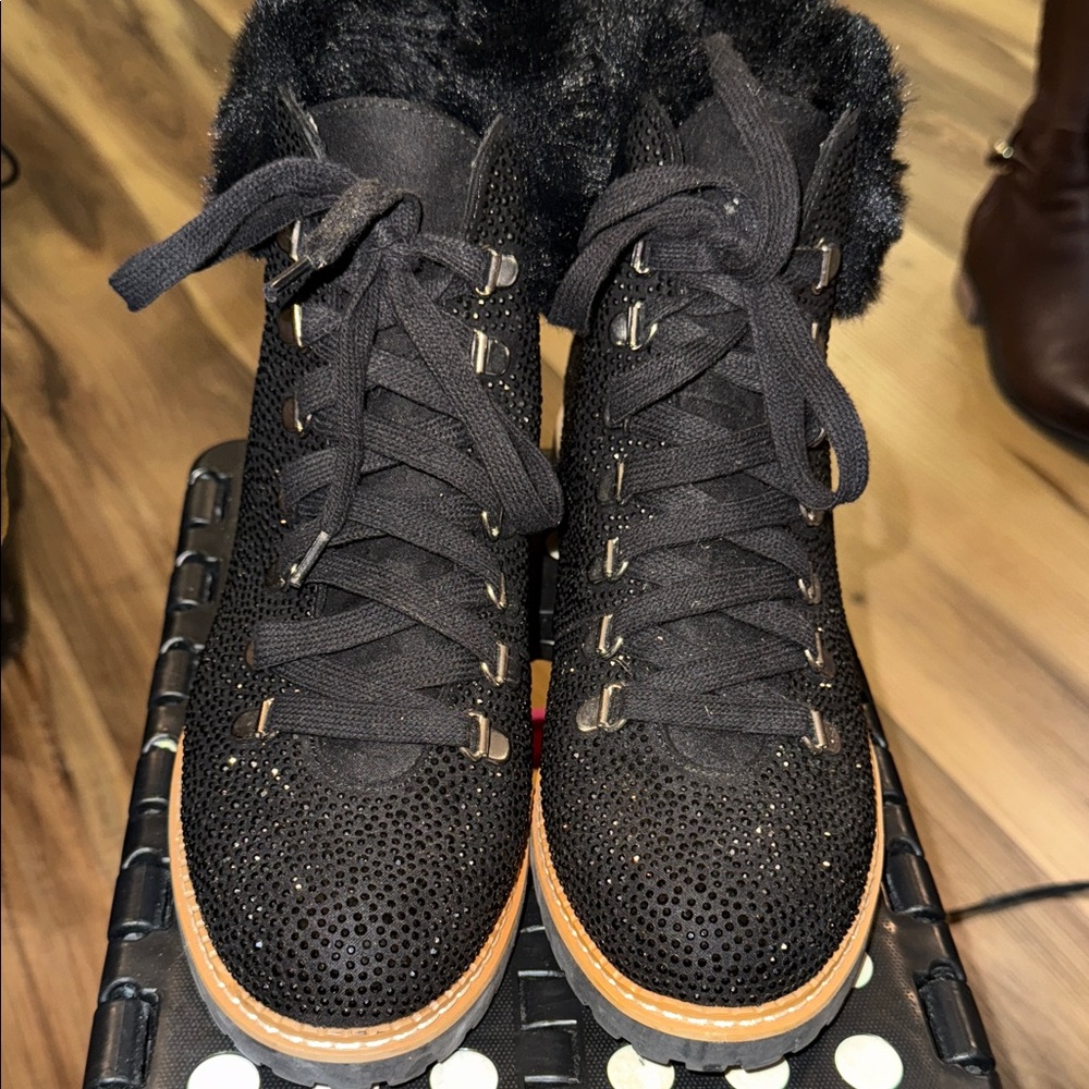 INC Rhinestone & Faux Fur Lace Up Bootie